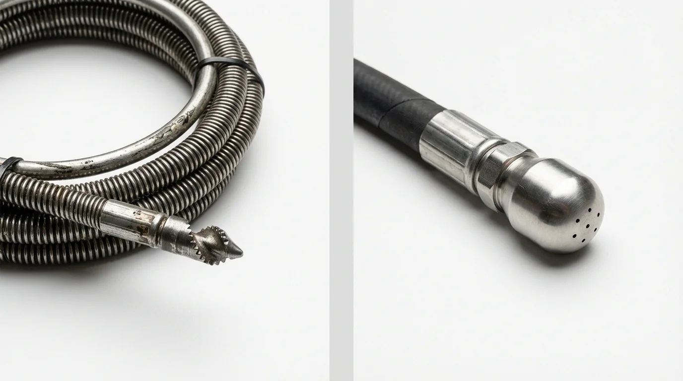 Drain snake cable and hydro jetting nozzle used for drain cleaning in Brentwood, CA