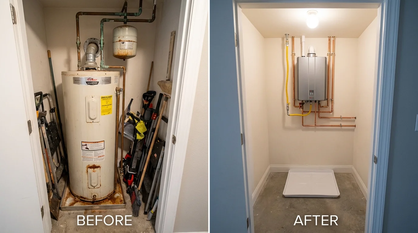 Tank water heater versus wall-mounted tankless unit comparison for Brentwood, CA homeowners