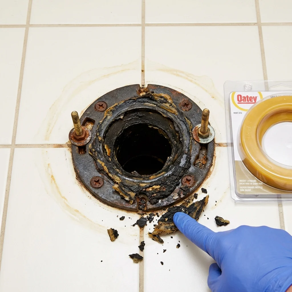 Failed wax ring showing water seepage at the base of a toilet in a Brentwood, CA home
