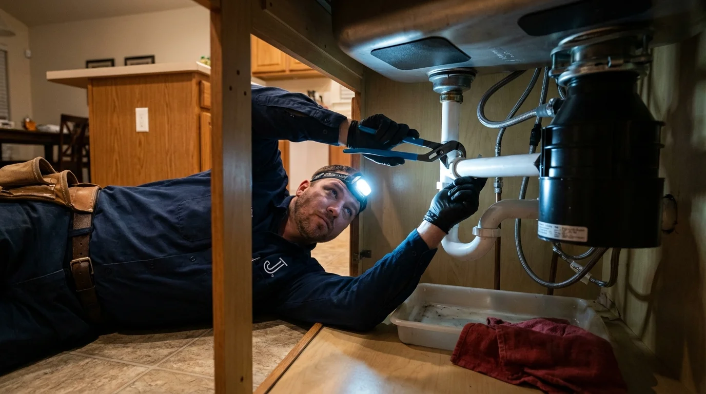 P-trap and supply line connections under a kitchen sink showing a common leak point in Brentwood, CA
